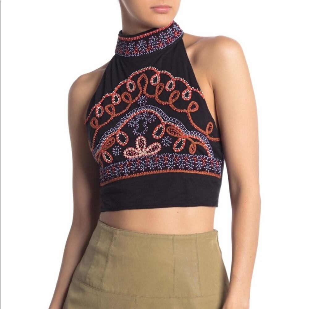 Free People Goa Black Embroidered High Neck Halter Crop Top Size Small NWT